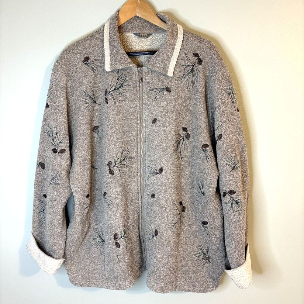 Vintage 90s Teddi Womens Plus Pinecone Embroidered Sherpa Zip 3XL Goblin Nature